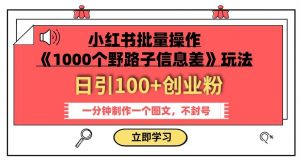 小红书批量操作《1000个野路子信息差》玩法,一分钟制作一个图文,不封号,日引100+创业粉| 鹿鸣网创
