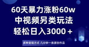 60天暴力涨粉60W，中视频另类玩法，日入3000＋，几分钟一条原创作品多种变现方式| 鹿鸣网创