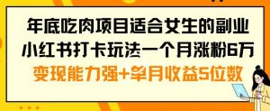 年底吃肉项目适合女生的副业小红书打卡玩法一个月涨粉6万+变现能力强+单月收益5位数【揭秘】| 鹿鸣网创