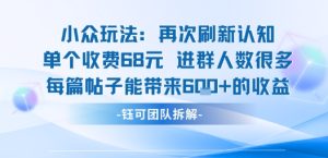 小众玩法再次刷新认知单个收费68米进群人数很多每篇帖子能带来6张的收益| 鹿鸣网创