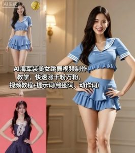 AI海军装美女跳舞视频制作教学，快速涨千粉万粉，视频教程+提示词(绘图词、动作词)| 鹿鸣网创