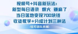 视频号加抖音新玩法：爆火新型每日语录，收徒教学加分成计划，三种变现玩法，当日变现7张| 鹿鸣网创