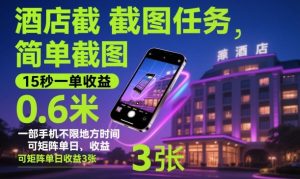 酒店截图任务,简单截图,15秒一单收益0.6米,一部手机不限地方时间,可矩阵单日收益3张【揭秘】| 鹿鸣网创