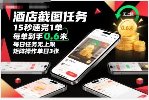 酒店截图任务,15秒速完1单,每单到手0.6米,每日任务无上限,全网首发玩法,矩阵操作单日3张【揭秘】| 鹿鸣网创