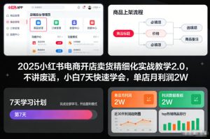 2025小红书电商开店卖货精细化实战教学2.0，不讲废话，小白7天快速学会，单店月利润2W| 鹿鸣网创