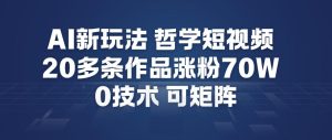AI新玩法哲学短视频制作教学，20多条作品涨粉70W，0成本赛道，可矩阵| 鹿鸣网创