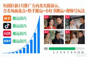 短剧拉新1月推广方向及实操演示,含名场面盘点+快手搬运+小红书搬运+视频号玩法| 鹿鸣网创