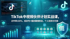 TikTok中视频伙伴计划实战课，过中率100%，低封号+播放量賺收益，个人矩阵均可做| 鹿鸣网创