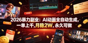 2026暴力副业：AI动画全自动生成，一单上千，月稳2W，永久可做【揭秘】| 鹿鸣网创