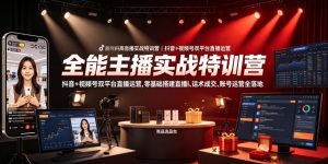 全能主播实战特训营|抖音+视频号双平台直播运营,零基础搭建直播间、精准选品、话术成交、账号运营全落地| 鹿鸣网创