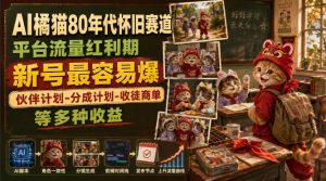 AI橘猫80年代怀旧赛道,平台流量红利期,新号最容易爆,伙伴计划-分成计划-收徒商单等多种收益| 鹿鸣网创