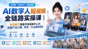 AI数字人短视频全链路实操课｜从0到1搭建可变现数字人IP，批量产出口播、带货、Vlog爆款视频| 鹿鸣网创