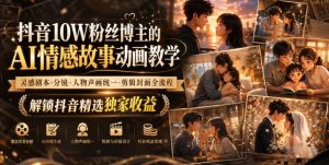 抖音10W粉丝博主的AI情感故事动画教学,灵感剧本‑分镜‑人物声画统一‑剪辑封面全流程,解锁抖音精选独家收益| 鹿鸣网创