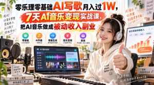 零乐理零基础AI写歌月入过1W,7天AI音乐变现实战课,把AI音乐做成被动收入副业| 鹿鸣网创