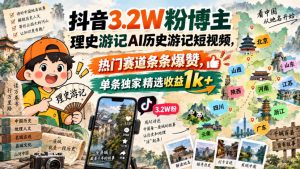 抖音3.2W粉博主理史游记AI历史游记短视频教学,热门赛道条条爆赞,单条独家精选收益1k+| 鹿鸣网创