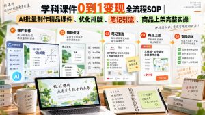 学科课件0到1变现全流程SOP｜AI批量制作精品课件、优化排版、笔记引流、商品上架完整实操​| 鹿鸣网创