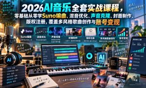 2026AI音乐实战课程，零基础从零学Suno编曲、混音优化、声音克隆、版权注册，覆盖多风格歌曲创作与账号变现| 鹿鸣网创