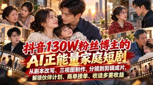 抖音130W粉丝博主的AI正能量家庭短剧,从剧本改写、三视图制作、分镜到剪辑成片,解锁伙伴计划、商单接单、收徒多重收益| 鹿鸣网创