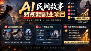 AI民间故事短视频副业项目，多平台流量分成，三视图分镜实操，精选计划放大副业收益| 鹿鸣网创
