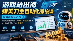 游戏站出海賺美刀全自动化系统课,彻底解放生产力–把重复劳动整套交给一套7X24自动运转的系统,从1放大到100,月入4K美刀| 鹿鸣网创